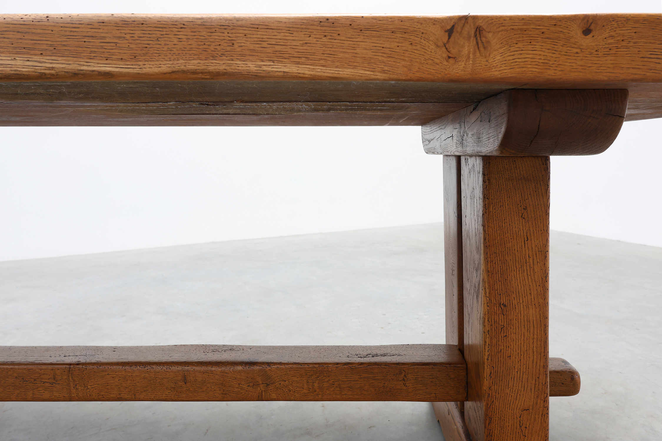Solid oak trestle table with pegged stretcher, France, 20th centurythumbnail